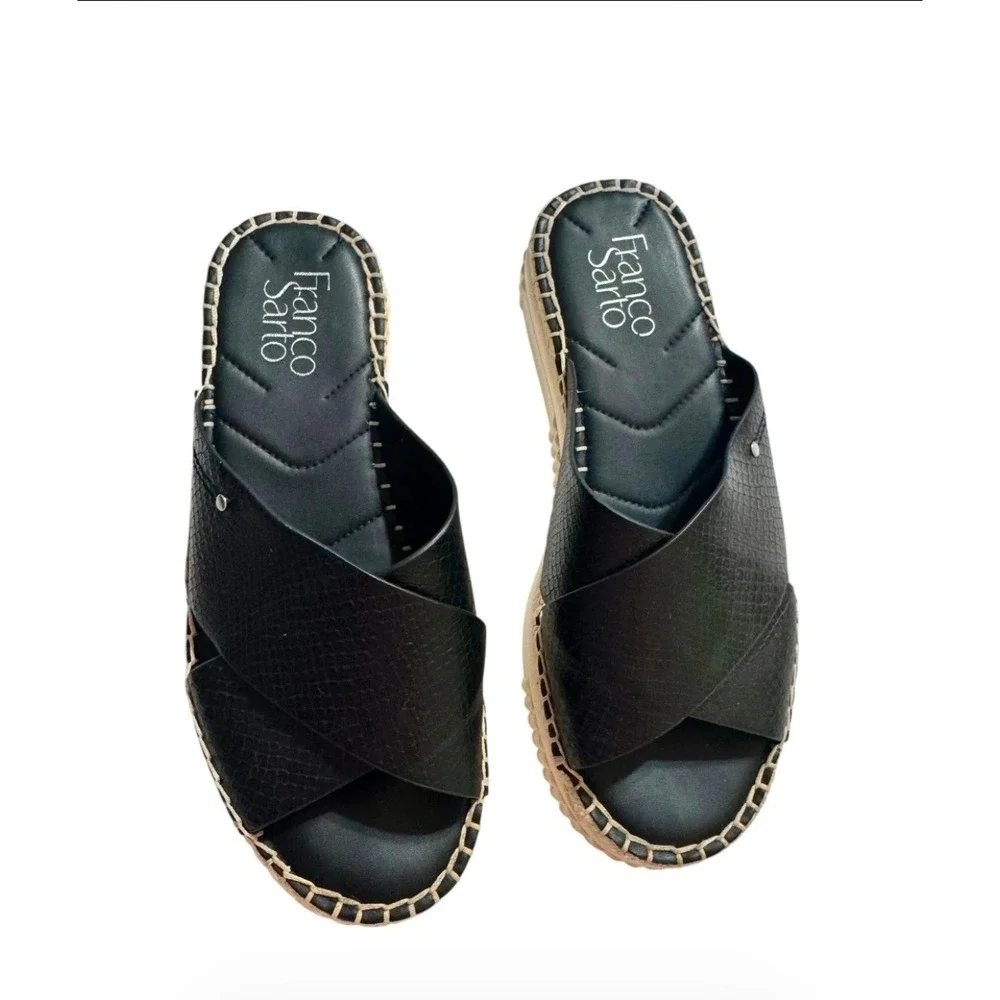 Franco Sarto Black Snakeskin Platform Espadrille Sandals Slides Womens size us 7